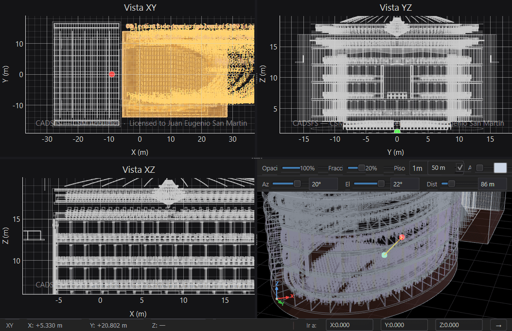 Wireframe model of the Teatro alla Scala with its tiers of boxes in CADSFS.